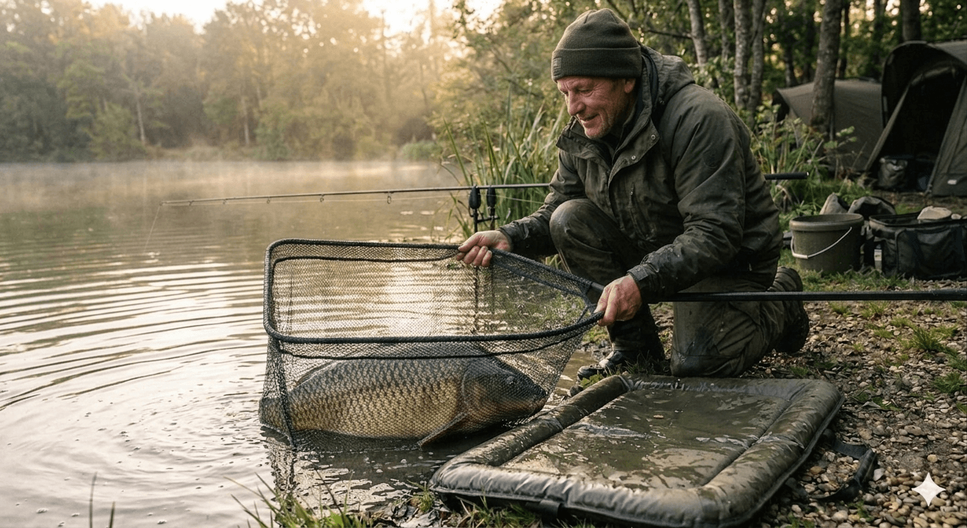 Épuisette carpe grand filet au bord d’un étang